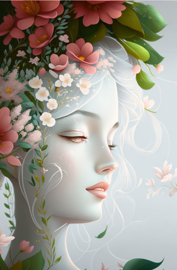 Illustration of serene female face with pink and white floral arrangement