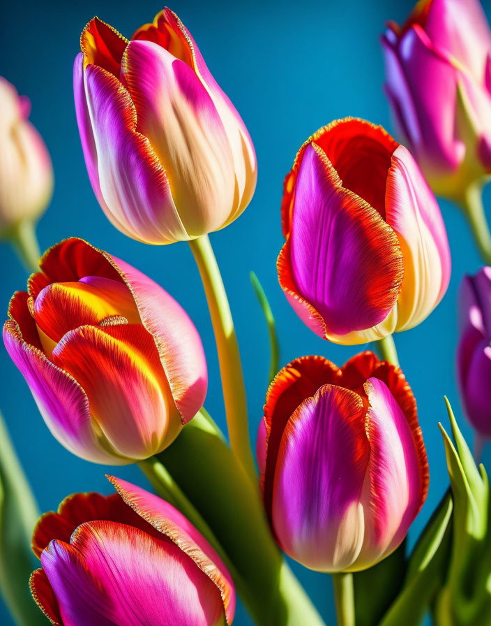 Colorful tulips with pink and red petals on a blue background, showcasing light and shadows.