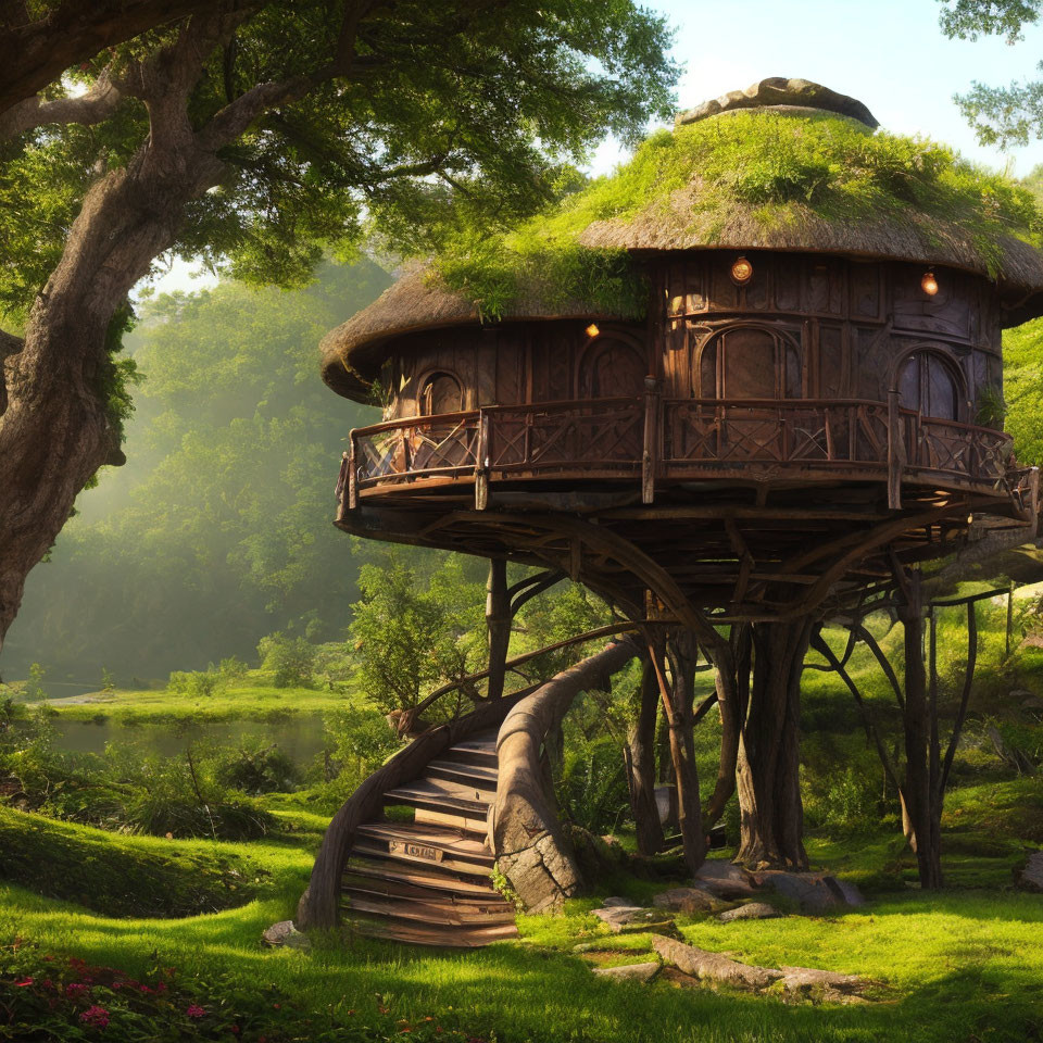 Thatched Roof Treehouse with Wooden Balcony in Greenery