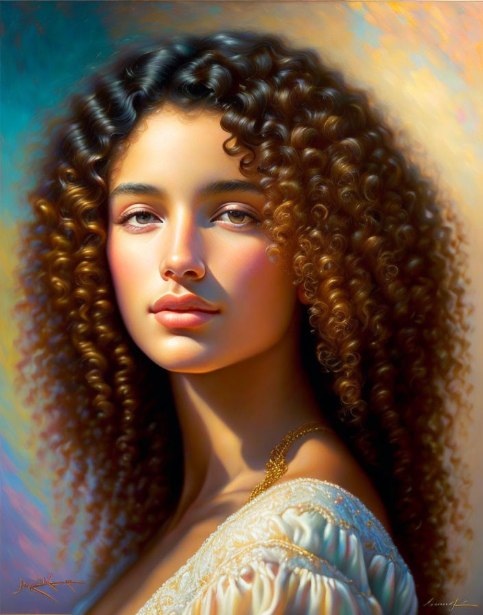 Young woman with curly hair in warm light.