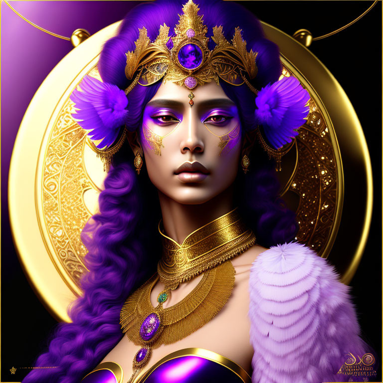 Purple-skinned female figure with golden jewelry and feathered headdress.