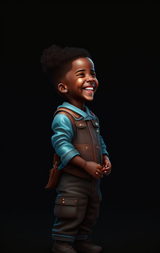 Young child in stylish outfit smiling against dark backdrop