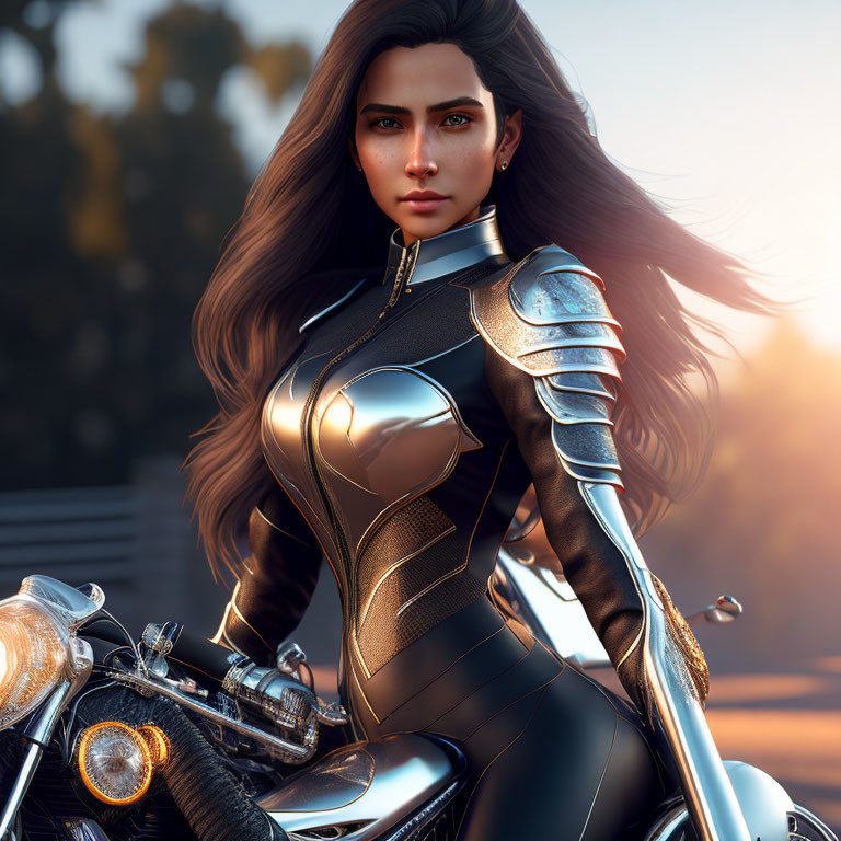 Futuristic digital art: Woman in armored suit by motorcycle