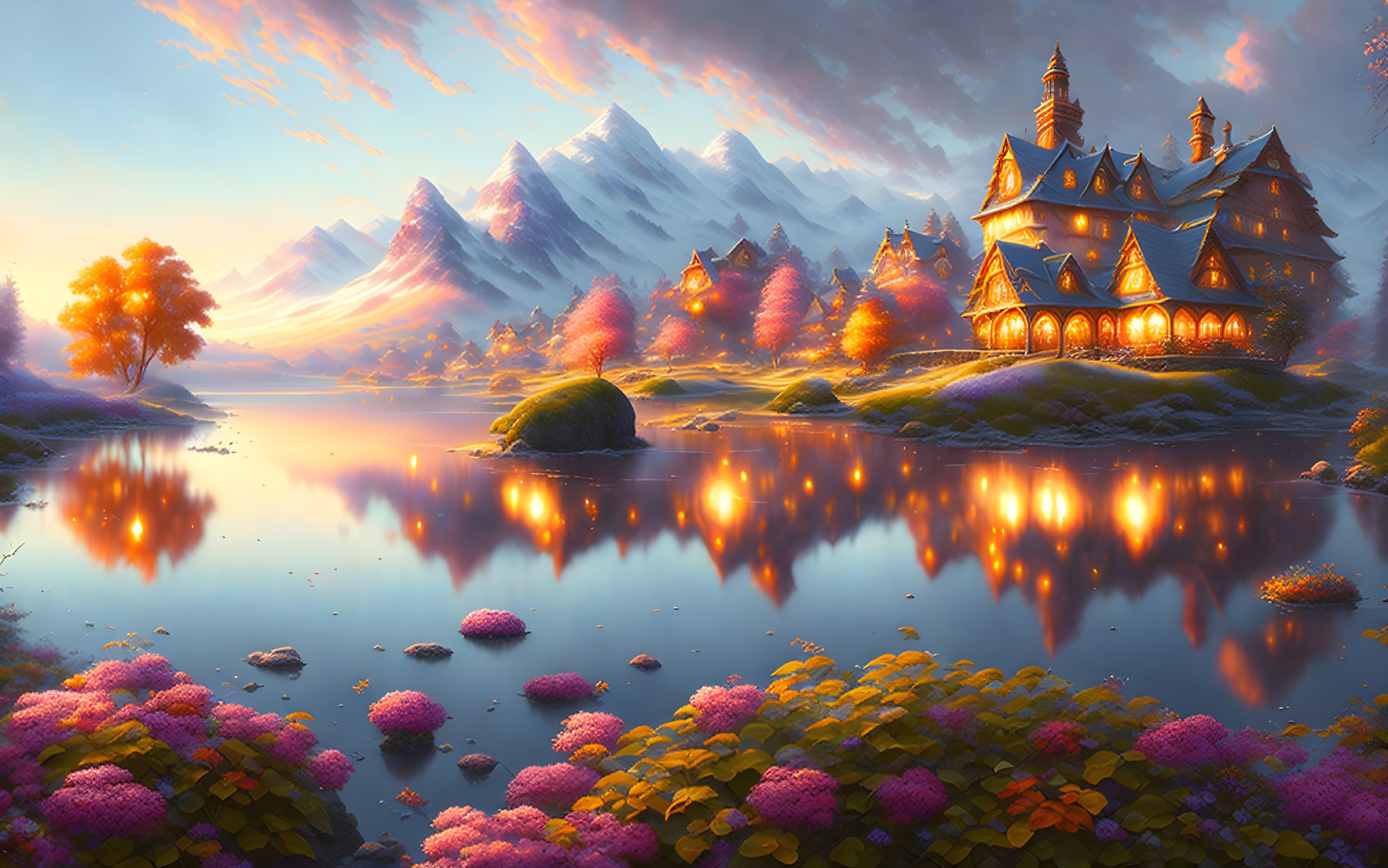 Fantasy landscape: illuminated house by lake, autumn trees, mountains at sunset