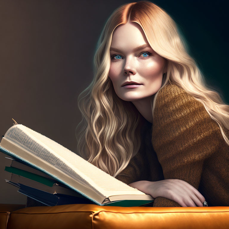 Blonde Woman Leaning on Books in Dark Background