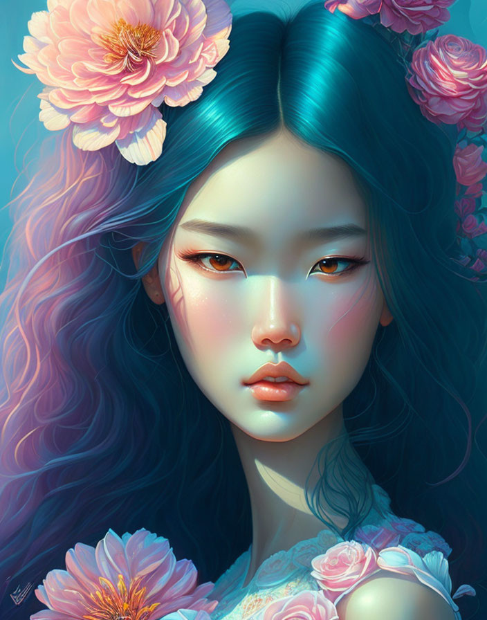 Digital Illustration: Woman with Blue Hair and Flowers, Soft Ethereal Quality