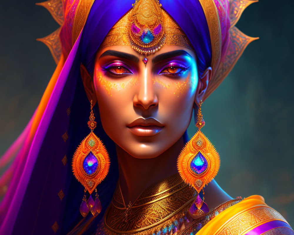 Colorful portrait of woman with blue skin and golden jewelry and turban.