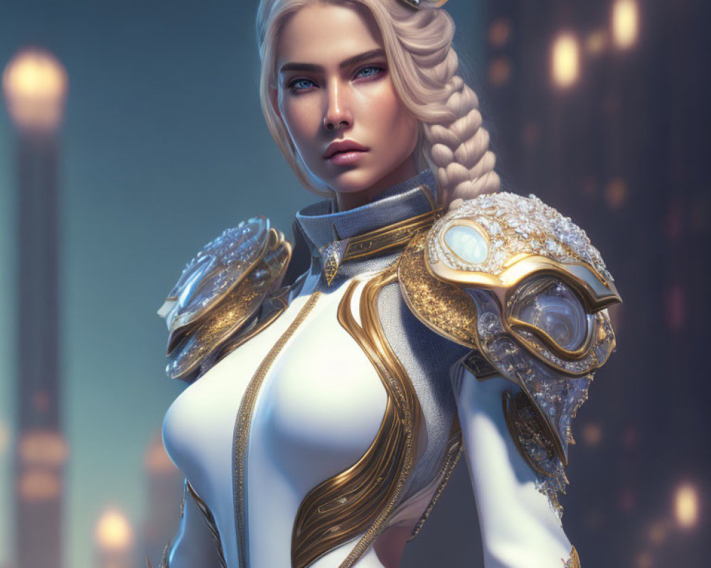 Pale-skinned woman in futuristic white and gold armor with braided blonde hair in 3D render