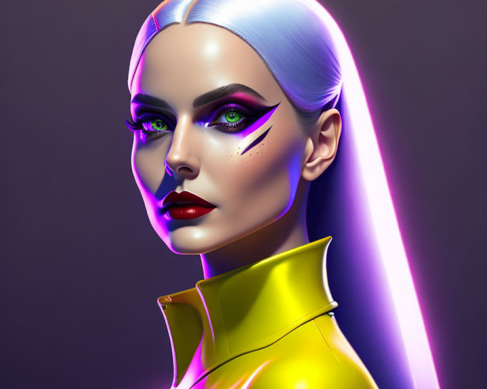 Vibrant digital artwork: woman with neon hair and striking makeup