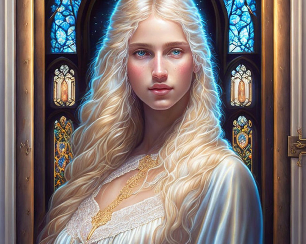 Digital artwork: Woman with long blonde hair and blue eyes in gothic window setting