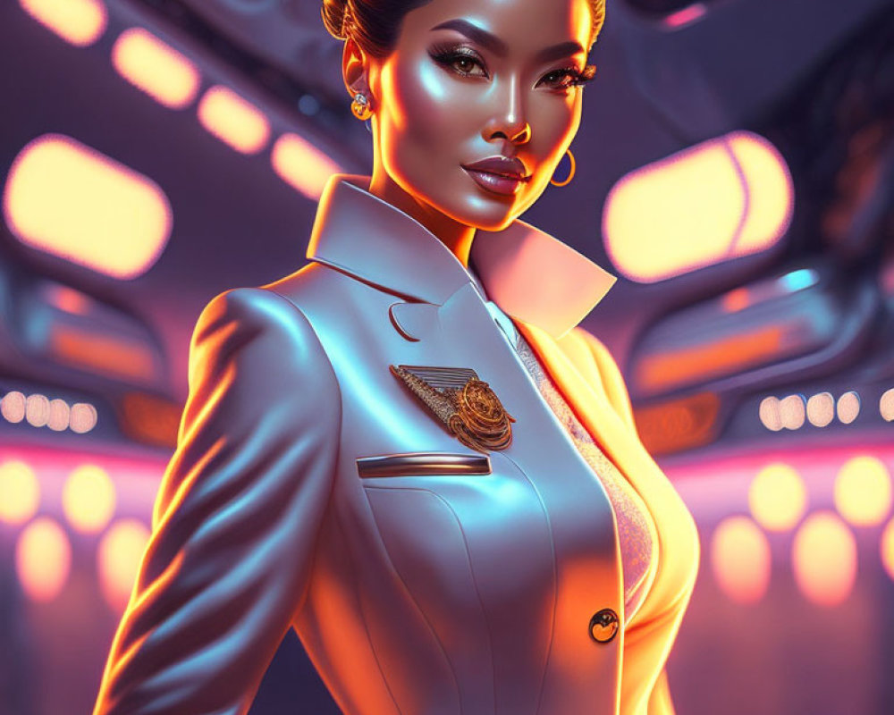 Stylized woman in futuristic uniform with glowing elements