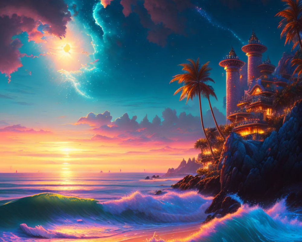 Fantasy landscape with castle, palm trees, crashing waves, and starry sky.