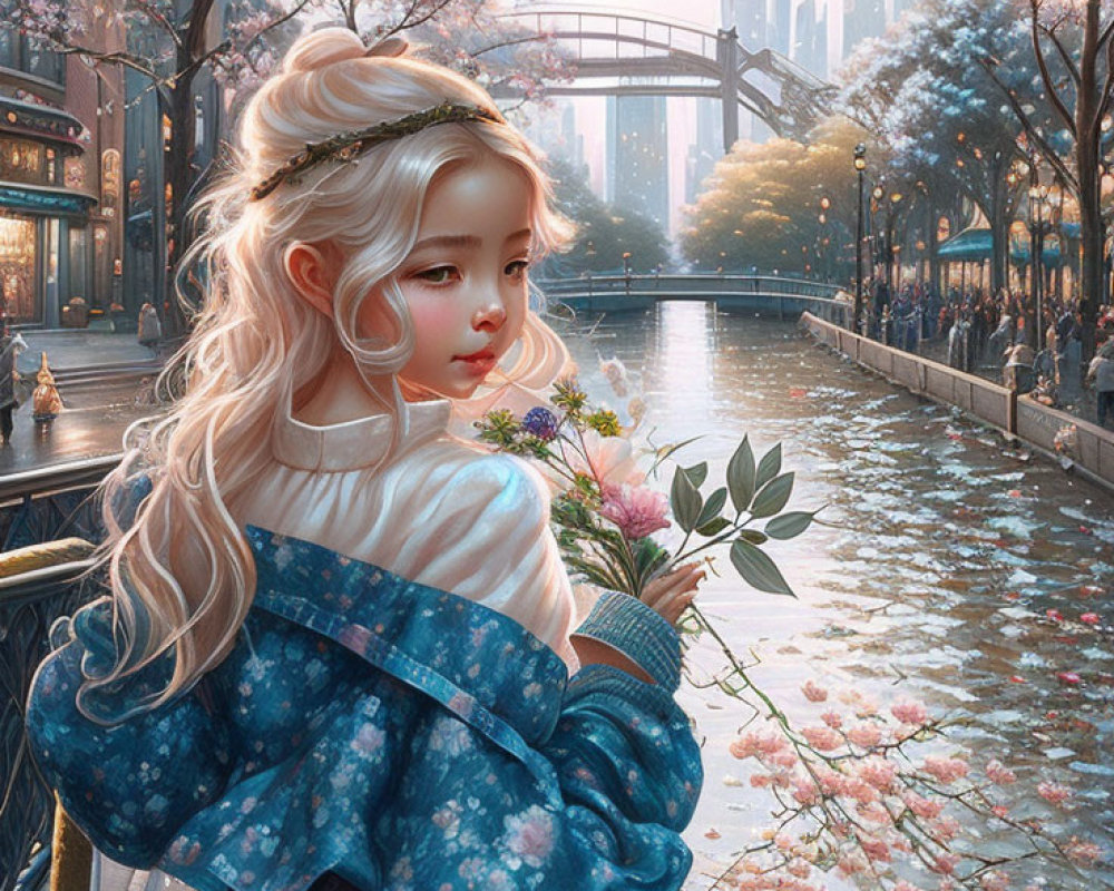 Blonde girl with floral headband by cherry blossom canal in futuristic cityscape