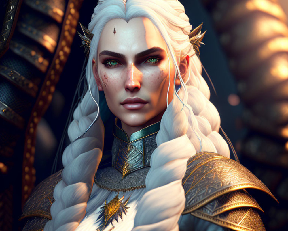 White-haired fantasy elf with green eyes and gold-trimmed armor