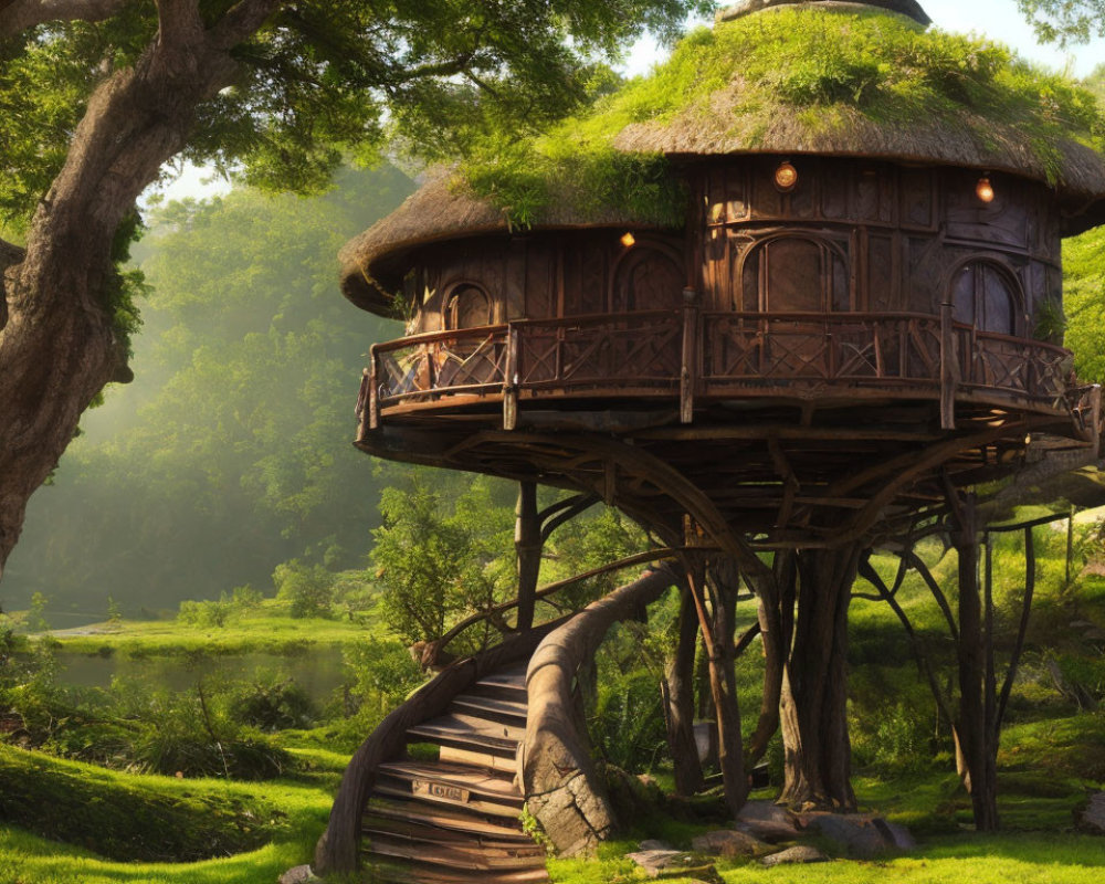 Thatched Roof Treehouse with Wooden Balcony in Greenery