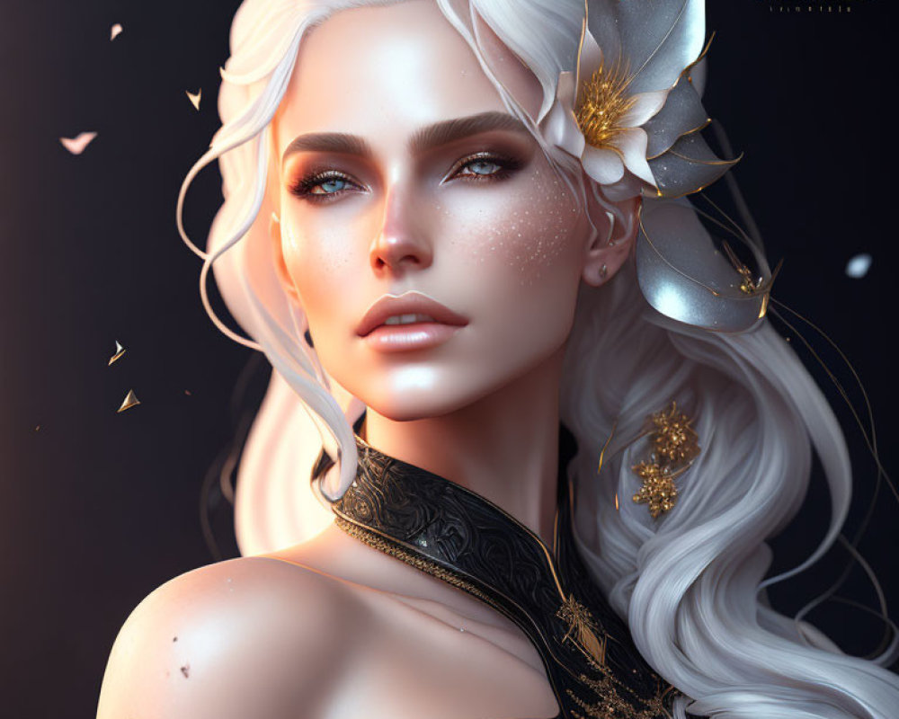 Digital portrait of woman with platinum blonde hair, golden freckles, flower, and butterflies.