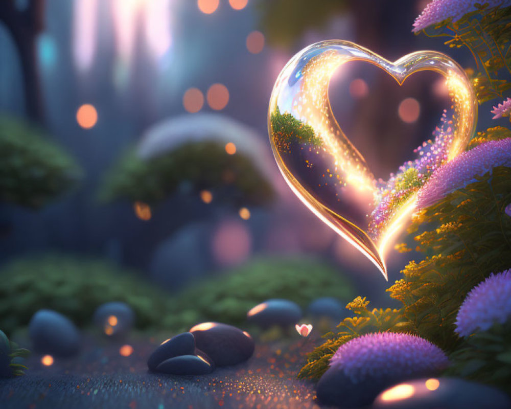 Heart-shaped glowing object in magical landscape with fairy-tale forest ambiance