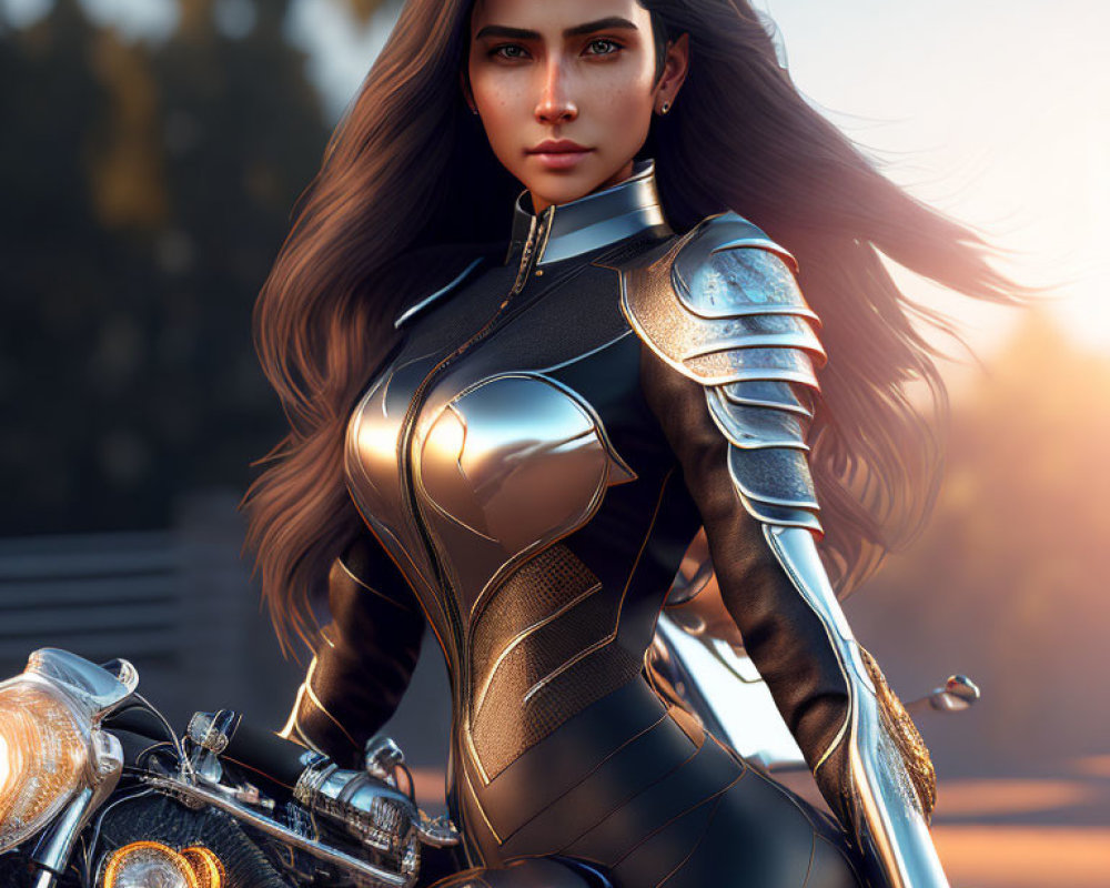 Futuristic digital art: Woman in armored suit by motorcycle