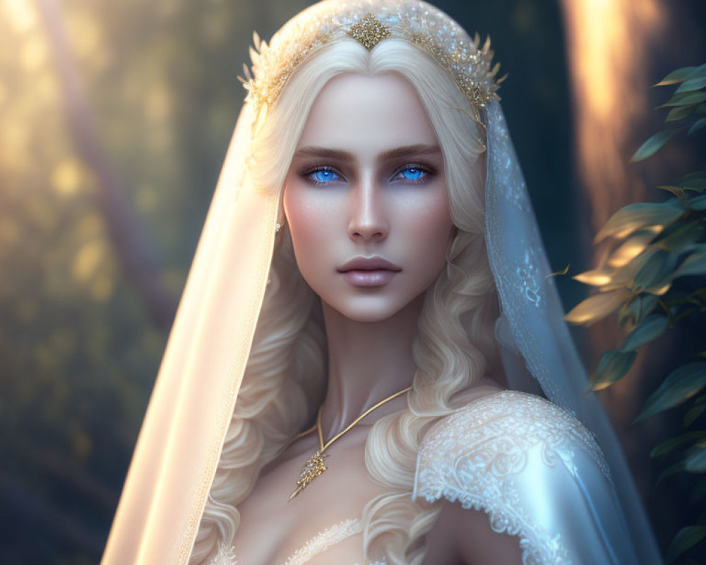 Digital artwork: Fair-skinned woman with blue eyes and blond hair in golden tiara and white gown