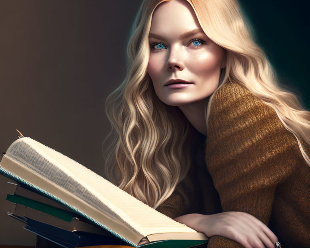 Blonde Woman Leaning on Books in Dark Background