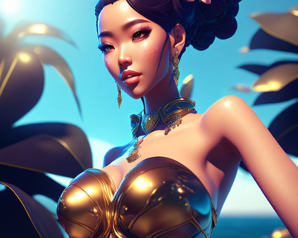 3D Rendered Image of Woman in Futuristic Golden Outfit with Asian Features