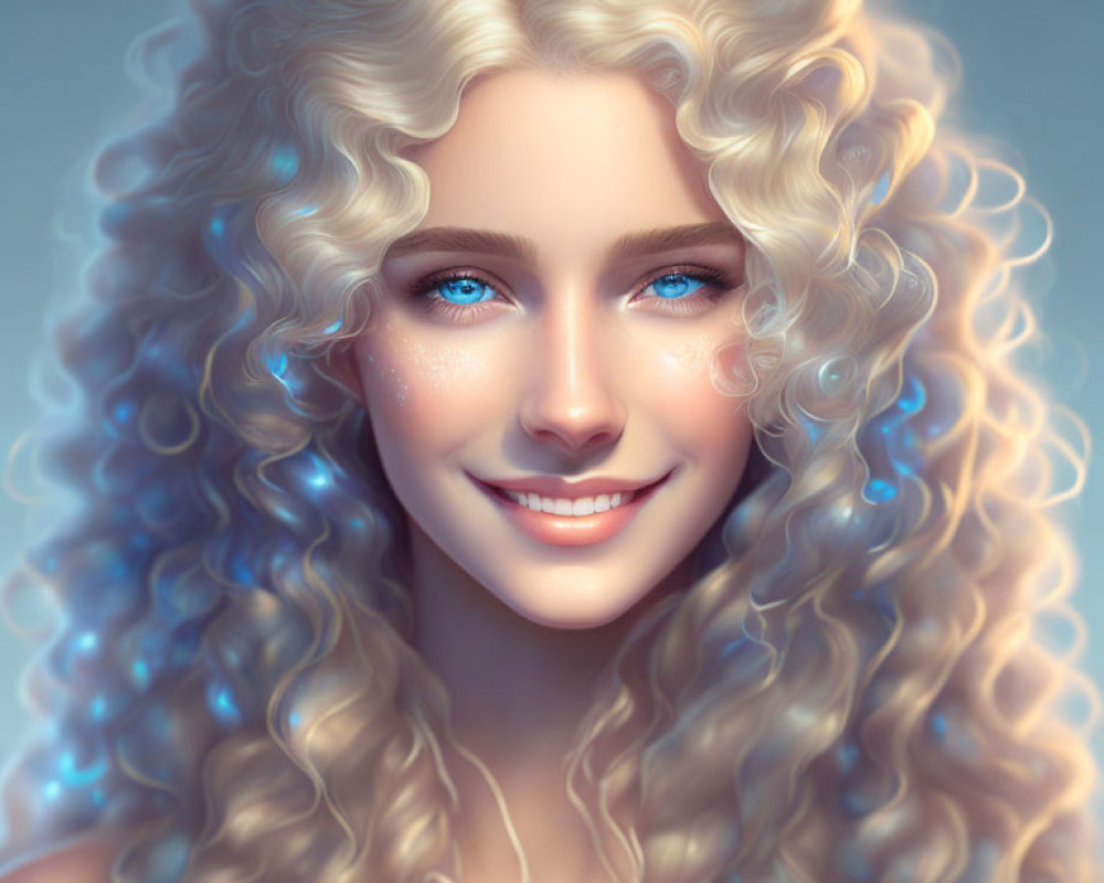 Smiling woman with curly blonde hair and blue eyes illustration