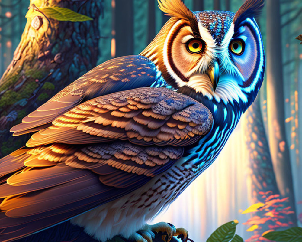 Vividly colored owl perched on forest branch at sunset