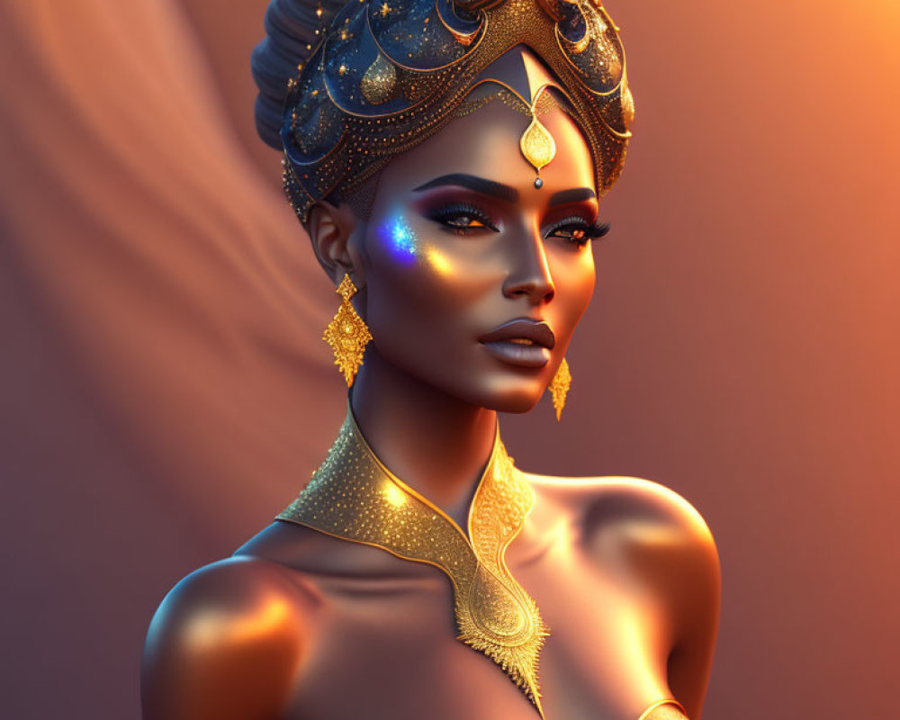 Illustrated Woman in Golden Jewelry and Headdress on Warm Background