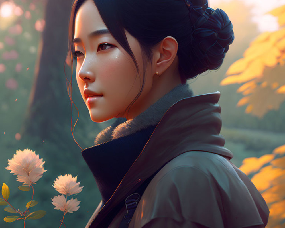 Digital Artwork: Woman with Elegant Bun in Jacket Amidst Autumn Foliage