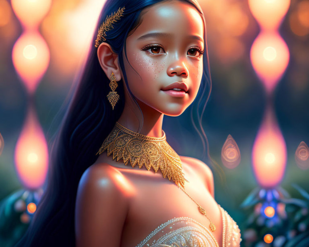 Digital artwork featuring girl with ornate gold jewelry in magical environment