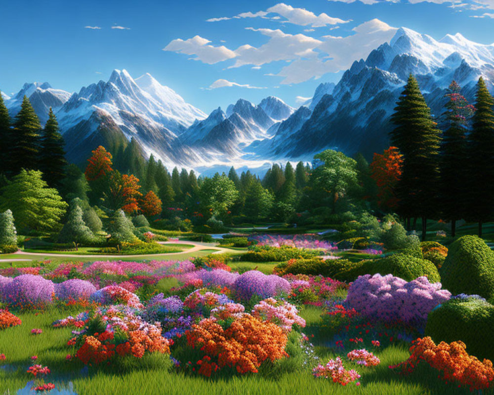 Colorful Flowers, Winding Path, Serene Lake, Snowy Mountains: A Vibrant Landscape