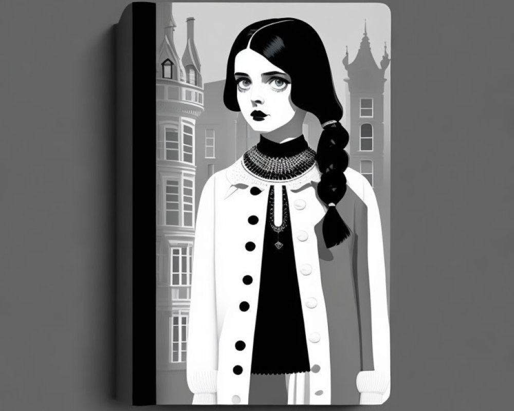 Monochrome illustration of woman in white coat with braid, architectural background on book cover.