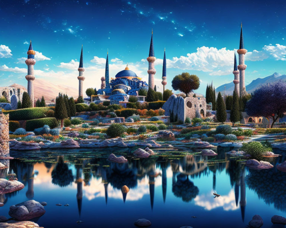 Ornate mosque with multiple minarets in serene landscape