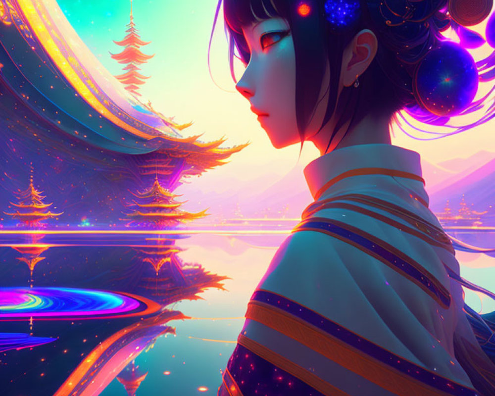 Cosmic-themed girl artwork with neon-lit futuristic landscape