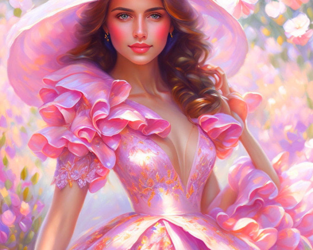 Digital painting of woman with brown hair in pink dress and hat, surrounded by pink blossoms