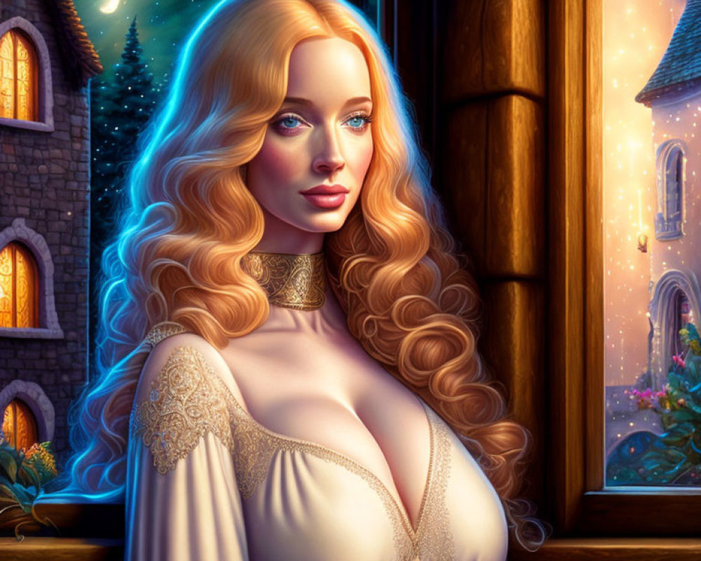 Blonde Woman in Medieval Dress by Night Castle