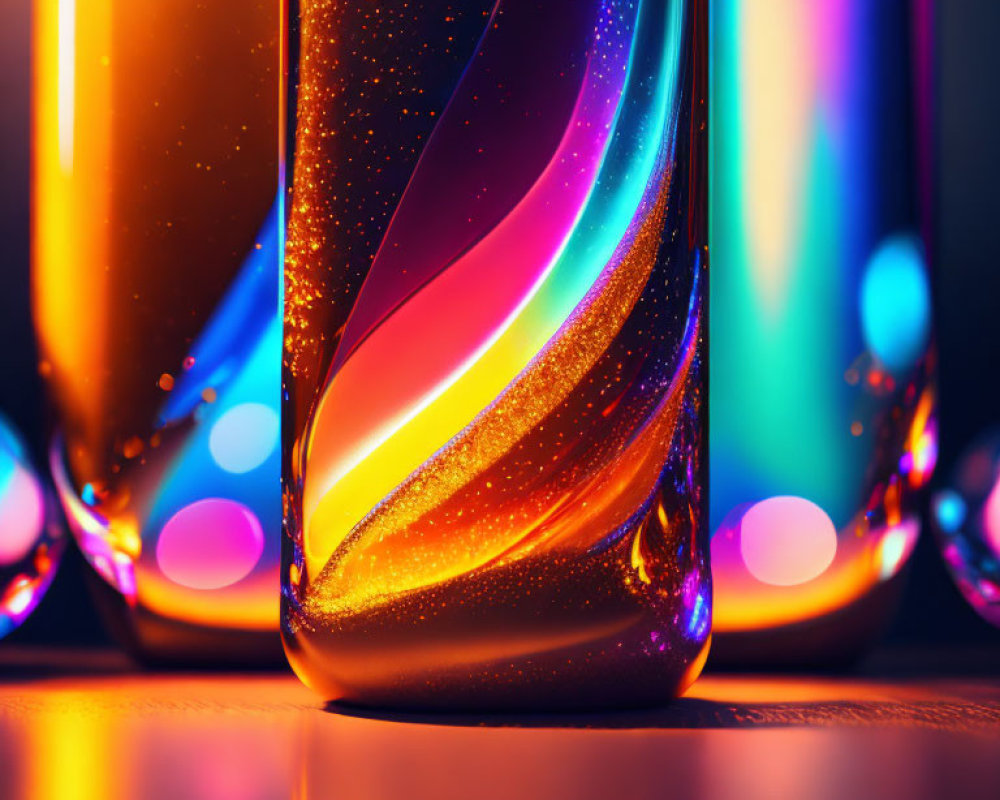 Colorful glass with intricate patterns and reflections on dark background.