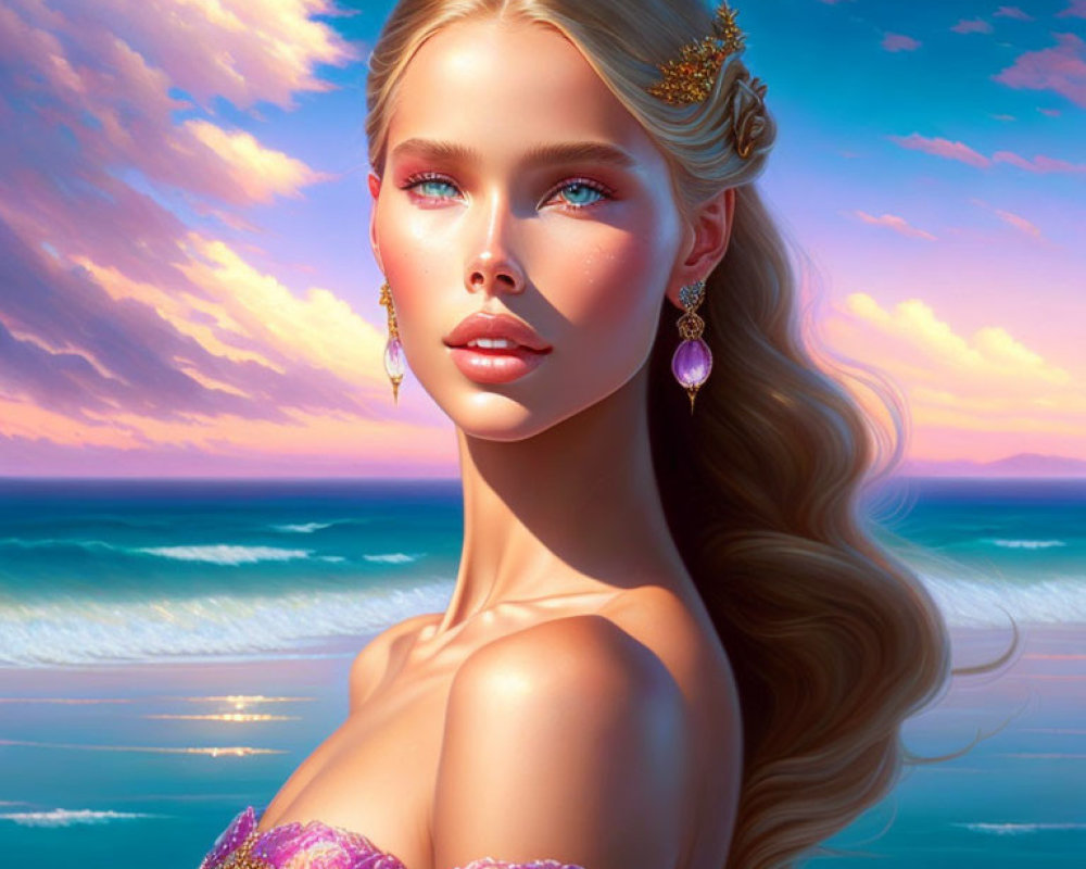 Digital painting of woman with golden hair and blue eyes against ocean sunset backdrop