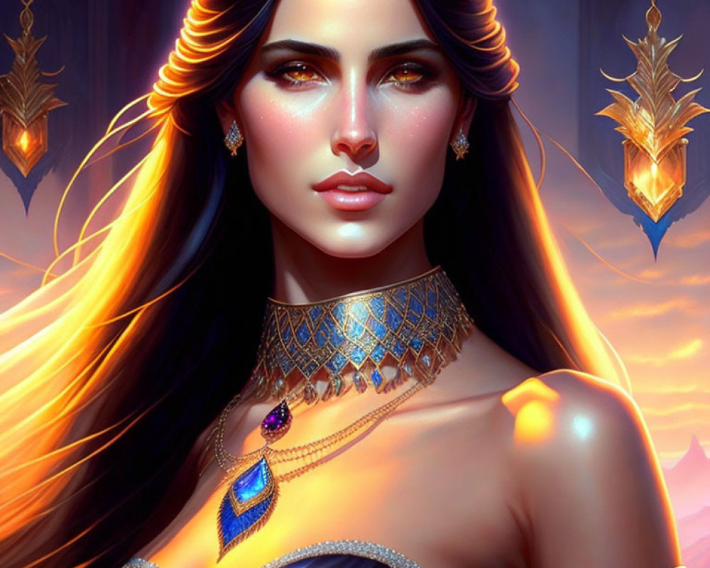 Digital artwork featuring woman with long dark hair, golden earrings, jeweled necklace, and blue off-