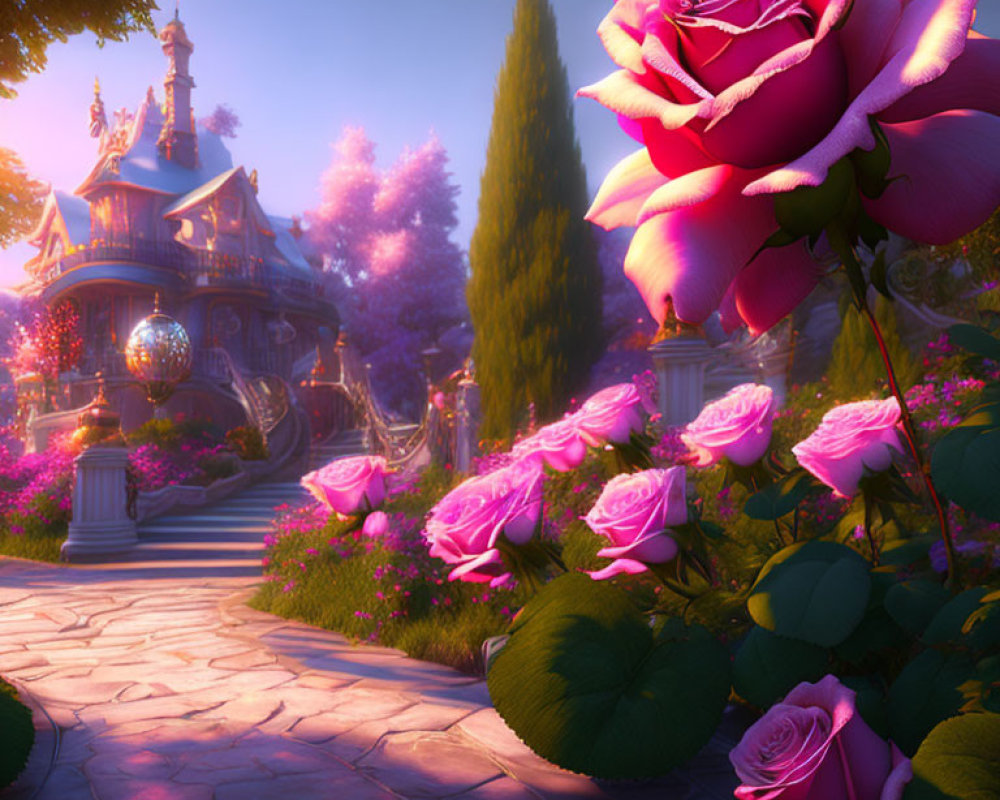 Lush fantasy garden with pink rose and whimsical cottage