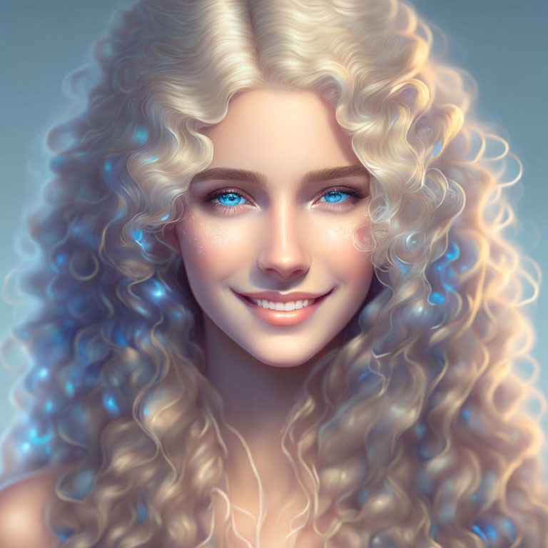 Smiling woman with curly blonde hair and blue eyes illustration