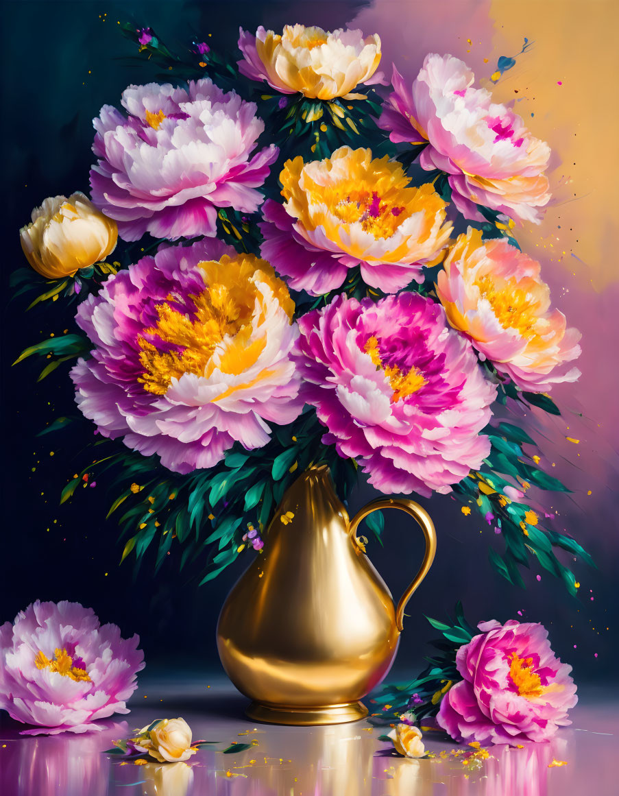 Colorful peonies in golden vase on dark background