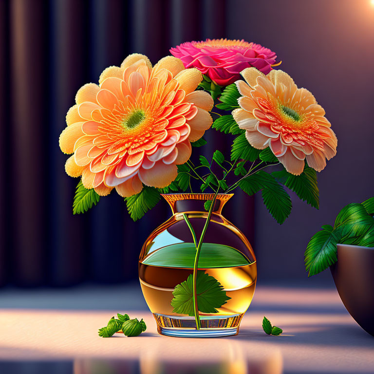 Colorful Flowers in Gold Vase on Reflective Surface with Dark Curtain Background