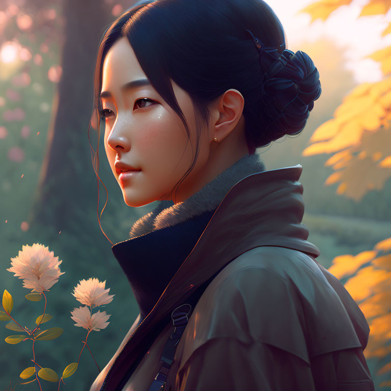 Digital Artwork: Woman with Elegant Bun in Jacket Amidst Autumn Foliage