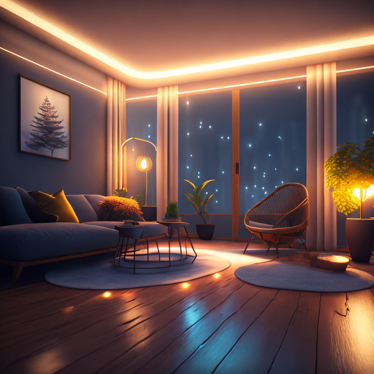 Nighttime living room with blue sofa, plants, and starlit windows