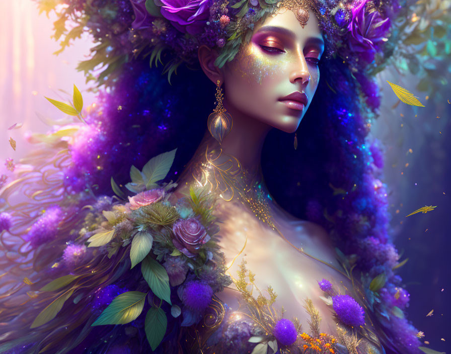 Woman adorned with vibrant flowers, leaves, and butterflies in mystical setting