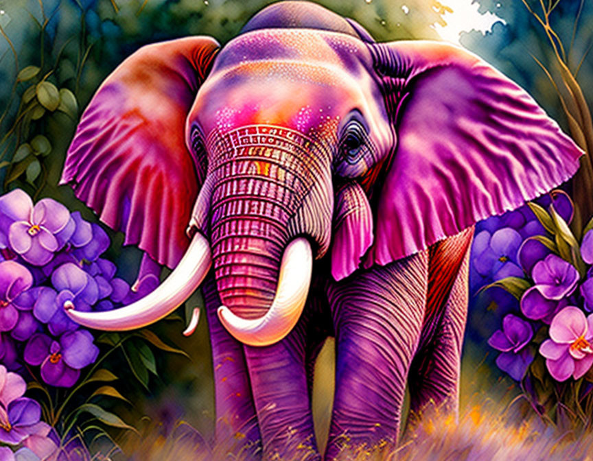 Colorful Digital Artwork: Purple Elephant with Large Tusks in Floral Fantasy Scene