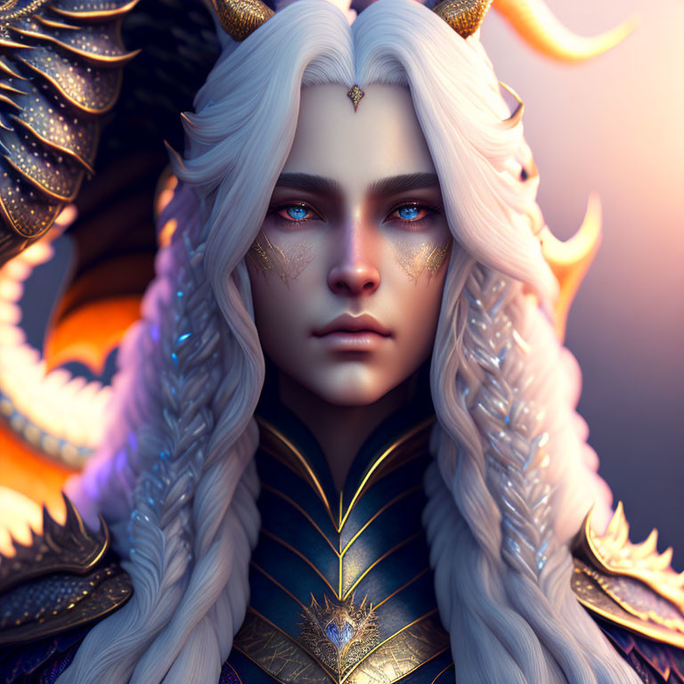 Fantasy character digital art: white hair, blue eyes, golden armor with wing and sun motifs