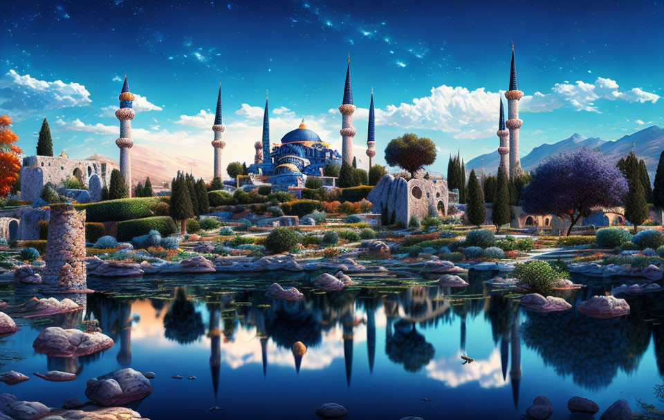 Ornate mosque with multiple minarets in serene landscape