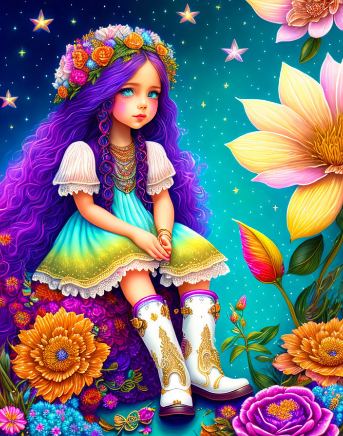 Violet-haired girl in blue dress surrounded by vibrant flowers and stars